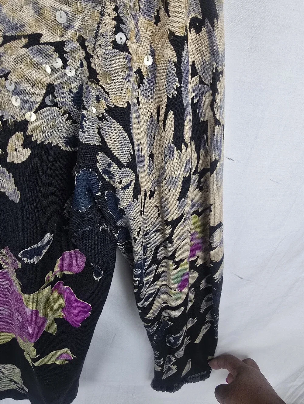 Chico's Black Floral Sequin Silk Blend Cardigan with Purple Roses Sz Chico's 2/L